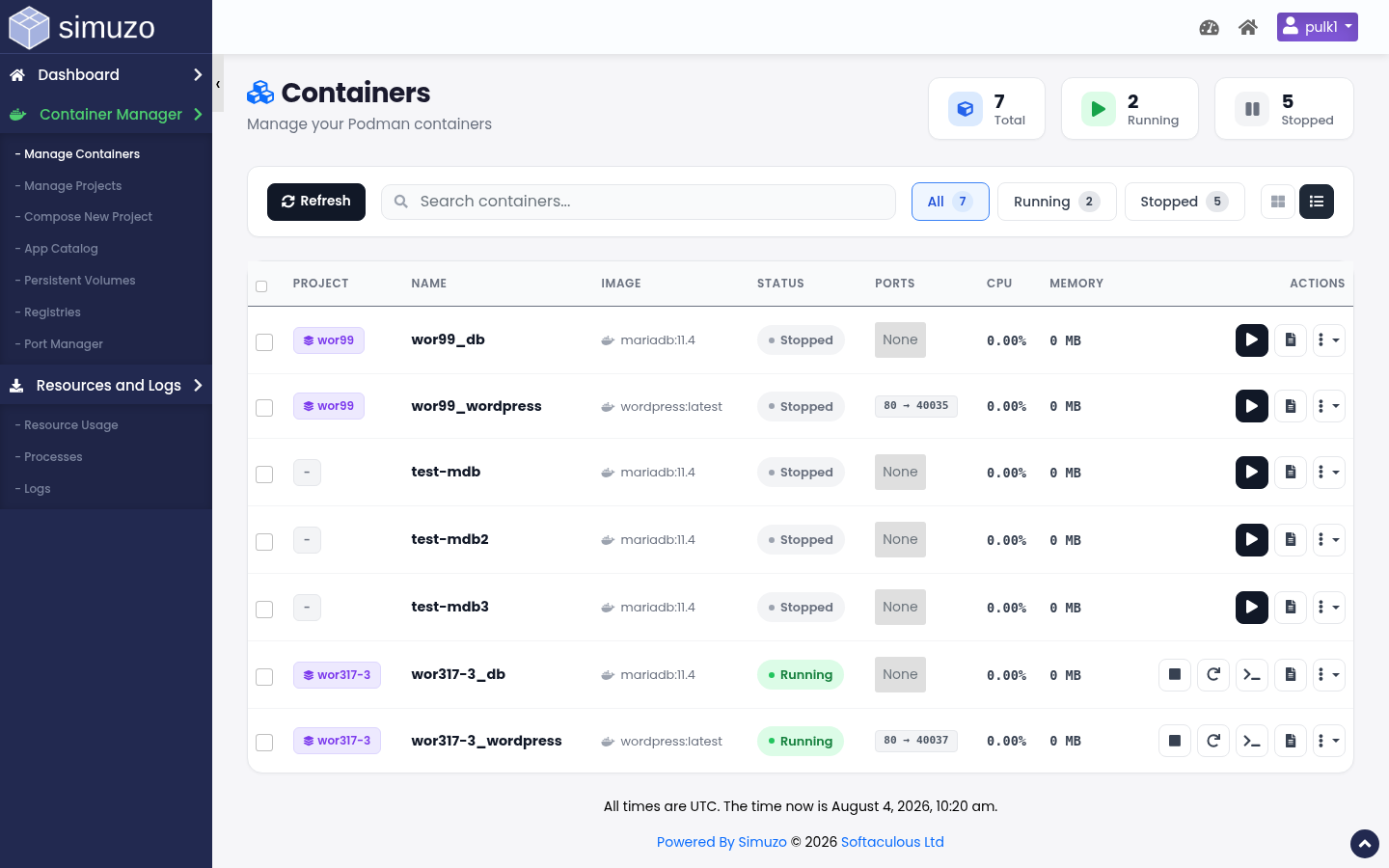 Container Manager listing containers with status and actions