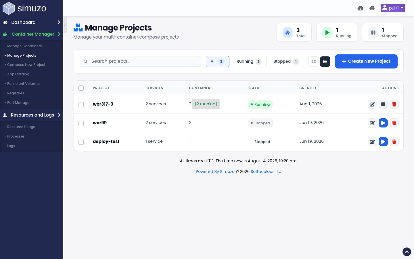 Compose projects list