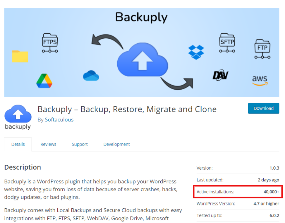 Backuply 40k Installs on WordPress