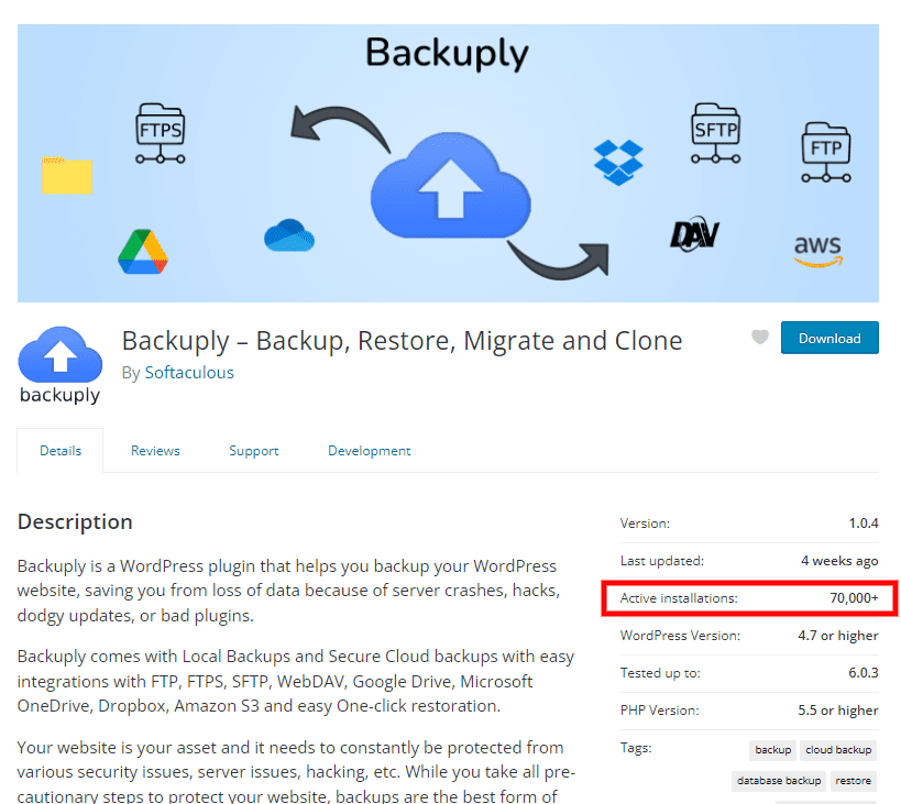 Backuply 70k installs Stats