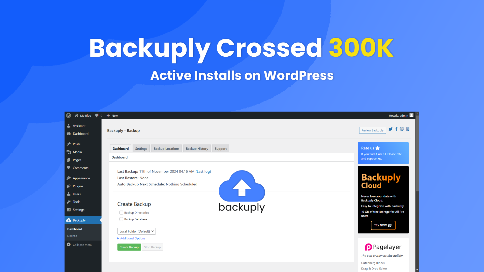 Backuply Crossed 300K Active installs on WordPress Featured image announcing Backuply crossing 300K active installations on WordPress